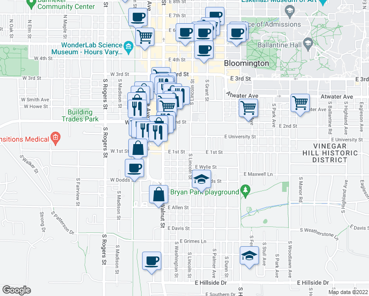 map of restaurants, bars, coffee shops, grocery stores, and more near 607 South Washington Street in Bloomington