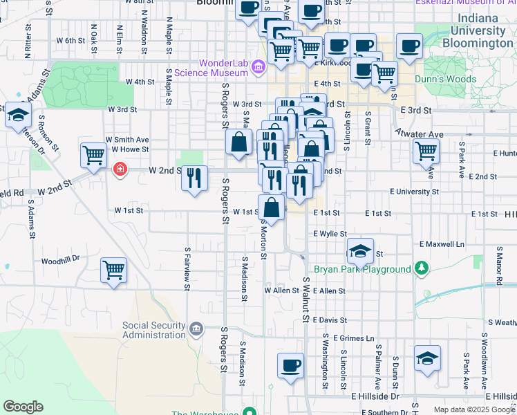 map of restaurants, bars, coffee shops, grocery stores, and more near 720 South Morton Street in Bloomington