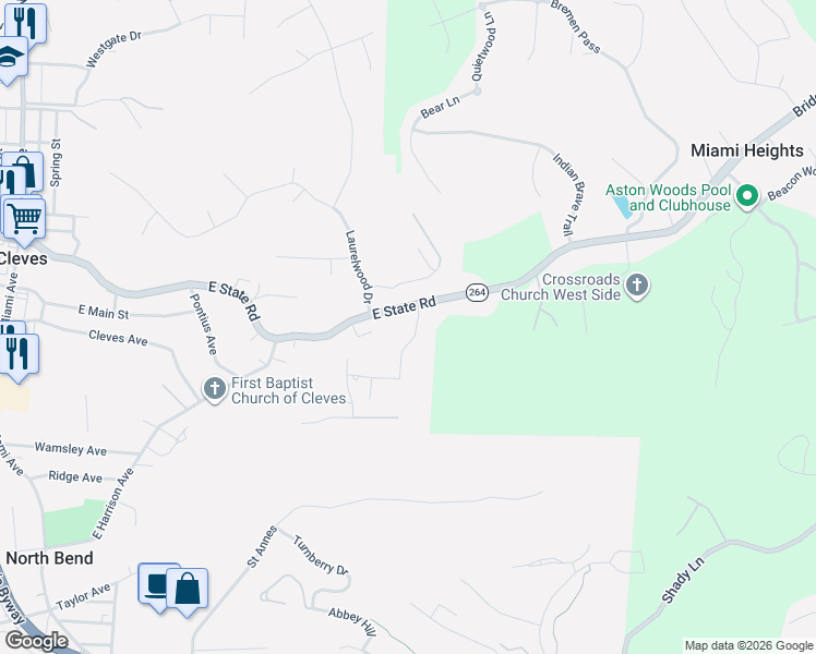 map of restaurants, bars, coffee shops, grocery stores, and more near 505 Aston View Lane in Cleves