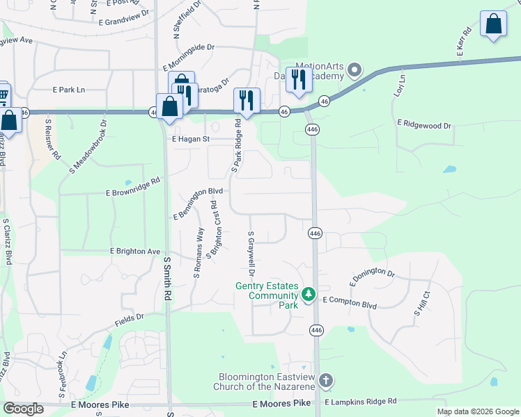 map of restaurants, bars, coffee shops, grocery stores, and more near 4310 East Bill Mallory Boulevard in Bloomington
