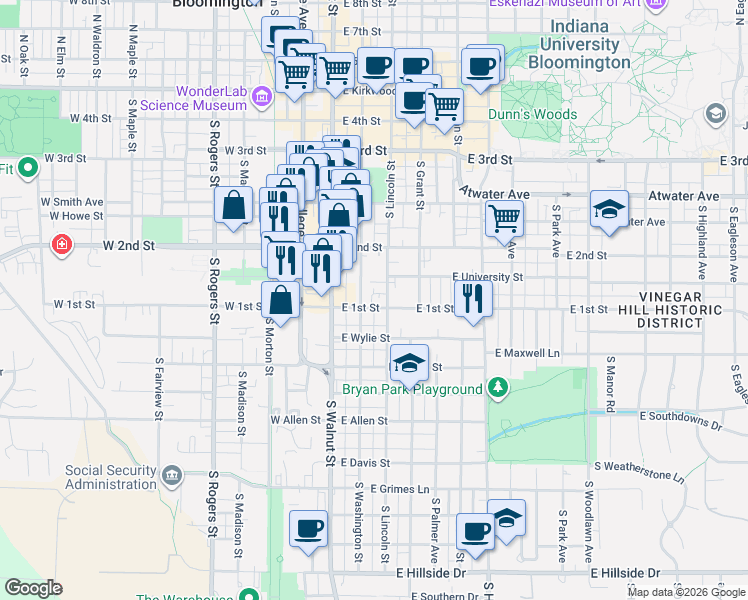 map of restaurants, bars, coffee shops, grocery stores, and more near 607 South Washington Street in Bloomington