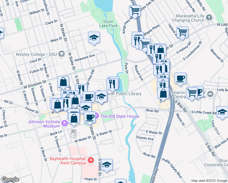 map of restaurants, bars, coffee shops, grocery stores, and more near 9 East Loockerman Street in Dover