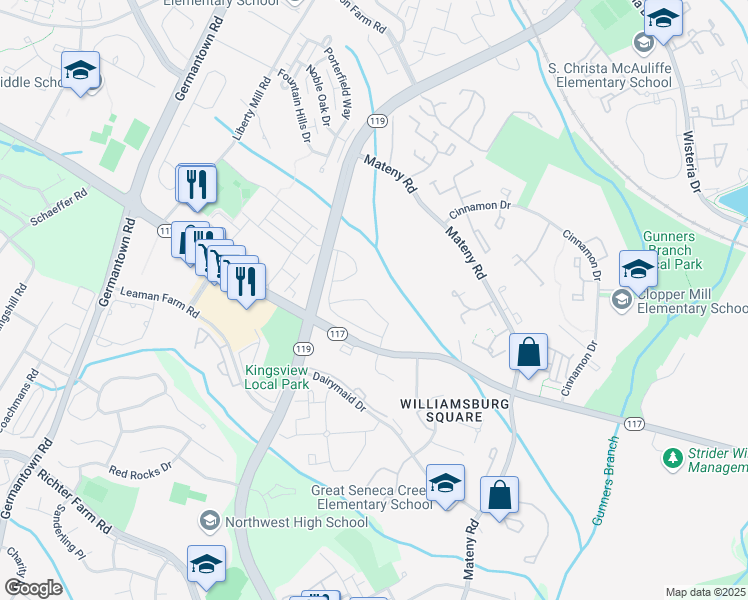 map of restaurants, bars, coffee shops, grocery stores, and more near 13359 Rushing Water Way in Germantown