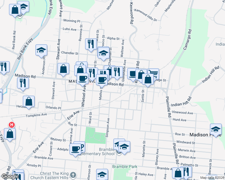 map of restaurants, bars, coffee shops, grocery stores, and more near 6217 Prentice Street in Cincinnati
