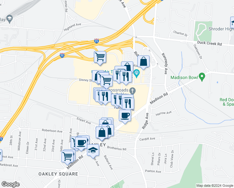 map of restaurants, bars, coffee shops, grocery stores, and more near 4613 Marburg Avenue in Cincinnati