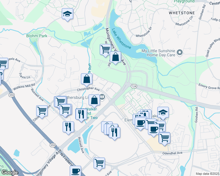 map of restaurants, bars, coffee shops, grocery stores, and more near 18432 Bishopstone Court in Montgomery Village