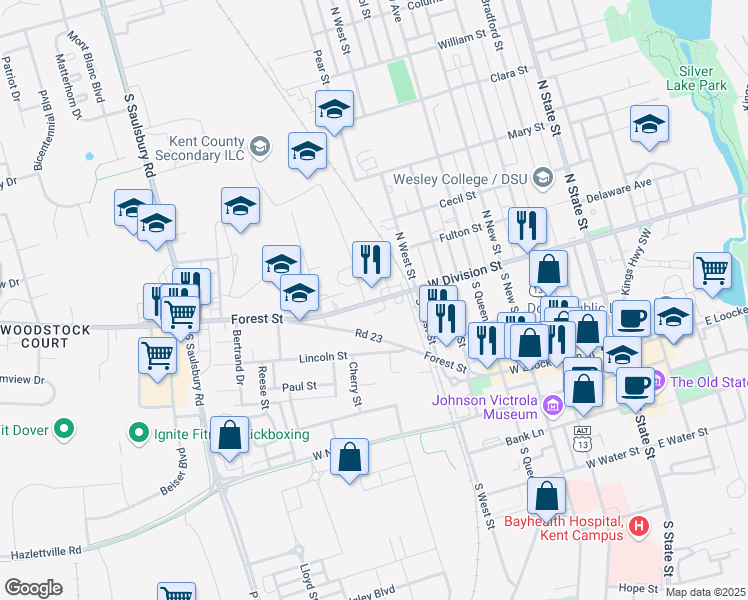 map of restaurants, bars, coffee shops, grocery stores, and more near 5 Ridgely Street in Dover