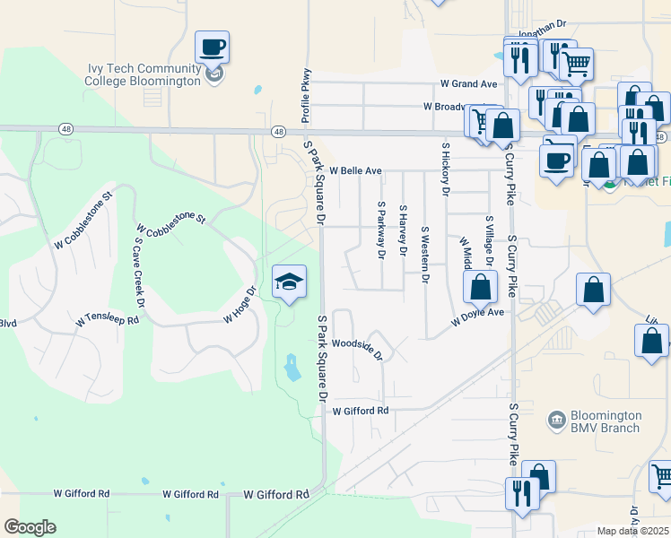 map of restaurants, bars, coffee shops, grocery stores, and more near 4600-4698 W Middle Ct in Bloomington