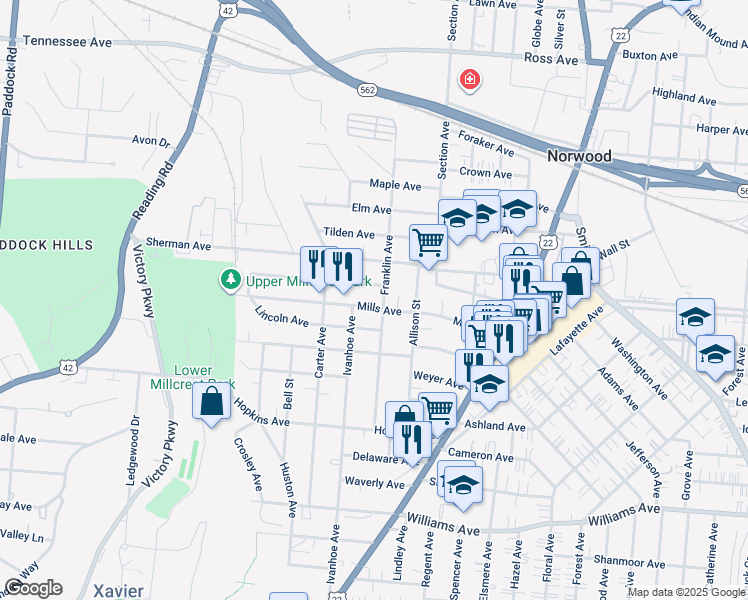map of restaurants, bars, coffee shops, grocery stores, and more near 1836 Lincoln Avenue in Cincinnati