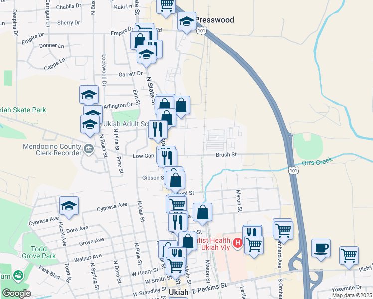 map of restaurants, bars, coffee shops, grocery stores, and more near 151 Brush St in Ukiah