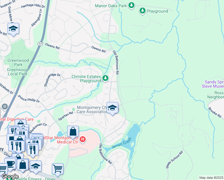 map of restaurants, bars, coffee shops, grocery stores, and more near 18421 Snowberry Way in Olney