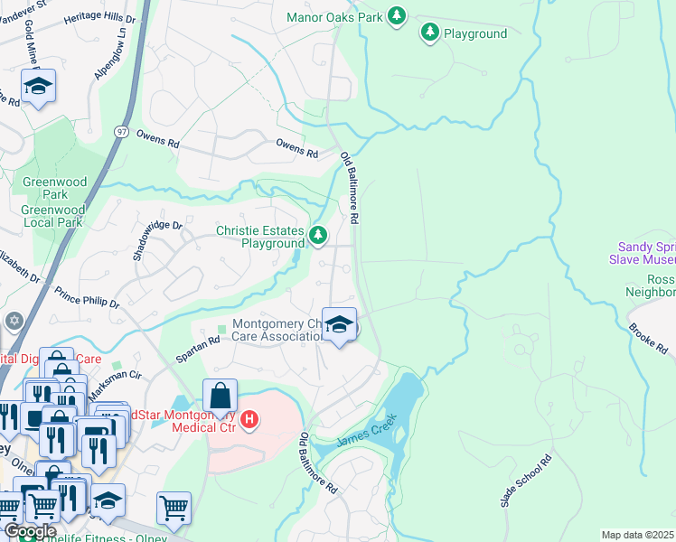 map of restaurants, bars, coffee shops, grocery stores, and more near 18421 Snowberry Way in Olney