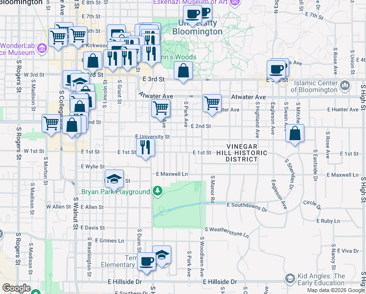 map of restaurants, bars, coffee shops, grocery stores, and more near 800 East 1st Street in Bloomington