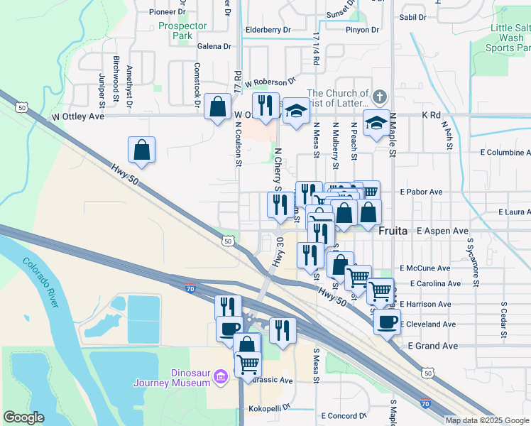 map of restaurants, bars, coffee shops, grocery stores, and more near 313 West Aspen Avenue in Fruita