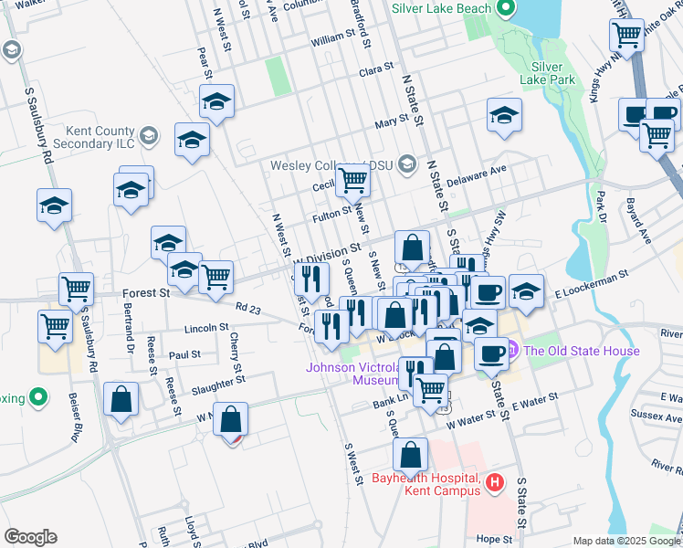 map of restaurants, bars, coffee shops, grocery stores, and more near 47 Kirkwood Street in Dover