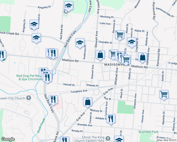 map of restaurants, bars, coffee shops, grocery stores, and more near 5439 Madison Road in Cincinnati