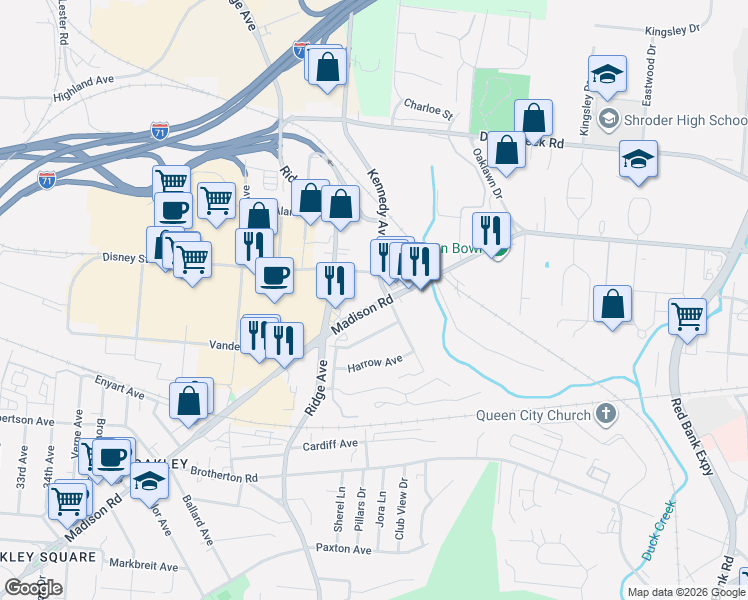 map of restaurants, bars, coffee shops, grocery stores, and more near 3576 Madison Park Avenue in Cincinnati