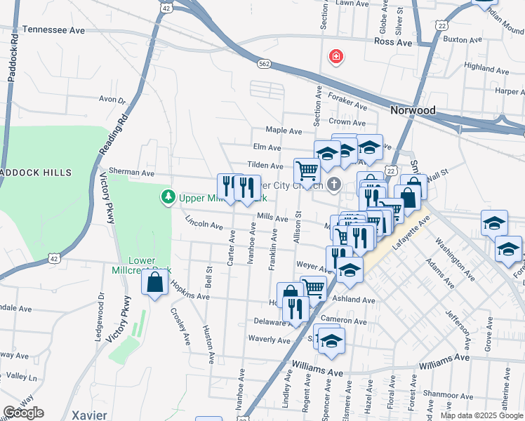 map of restaurants, bars, coffee shops, grocery stores, and more near 1836 Lincoln Avenue in Cincinnati