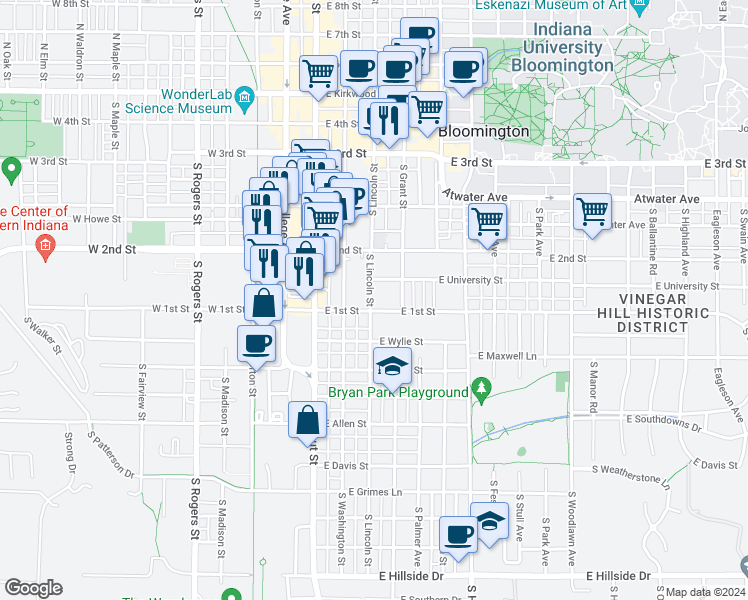 map of restaurants, bars, coffee shops, grocery stores, and more near 316 East 1st Street in Bloomington