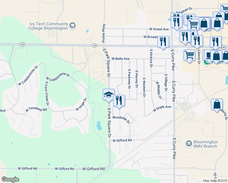 map of restaurants, bars, coffee shops, grocery stores, and more near 4600-4698 W Middle Ct in Bloomington