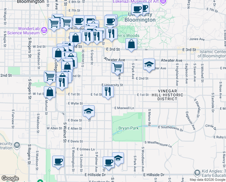map of restaurants, bars, coffee shops, grocery stores, and more near 524 East 1st Street in Bloomington