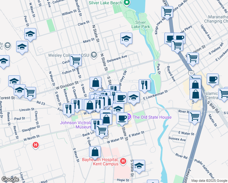 map of restaurants, bars, coffee shops, grocery stores, and more near 124 South State Street in Dover