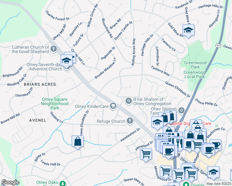 map of restaurants, bars, coffee shops, grocery stores, and more near 3701 Toddsbury Lane in Olney