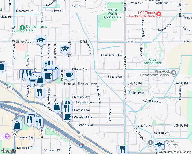 map of restaurants, bars, coffee shops, grocery stores, and more near 139 North Sycamore Street in Fruita