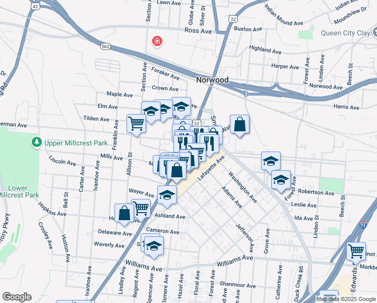 map of restaurants, bars, coffee shops, grocery stores, and more near 4478 Montgomery Road in Norwood