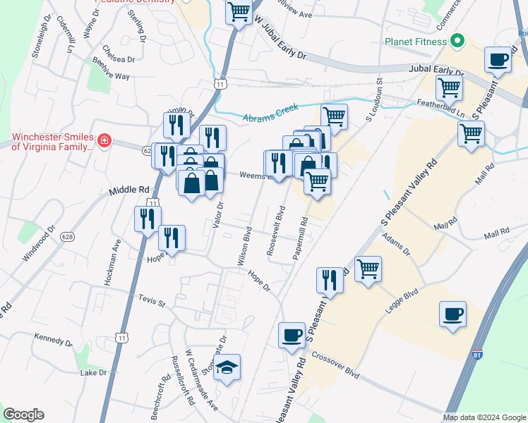 map of restaurants, bars, coffee shops, grocery stores, and more near 2237 Taft Circle in Winchester