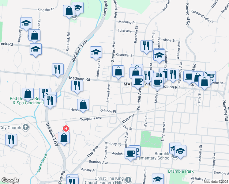 map of restaurants, bars, coffee shops, grocery stores, and more near 5629 Madison Road in Cincinnati