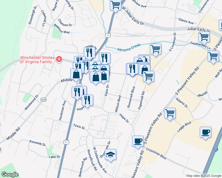 map of restaurants, bars, coffee shops, grocery stores, and more near 2270 Valor Drive in Winchester