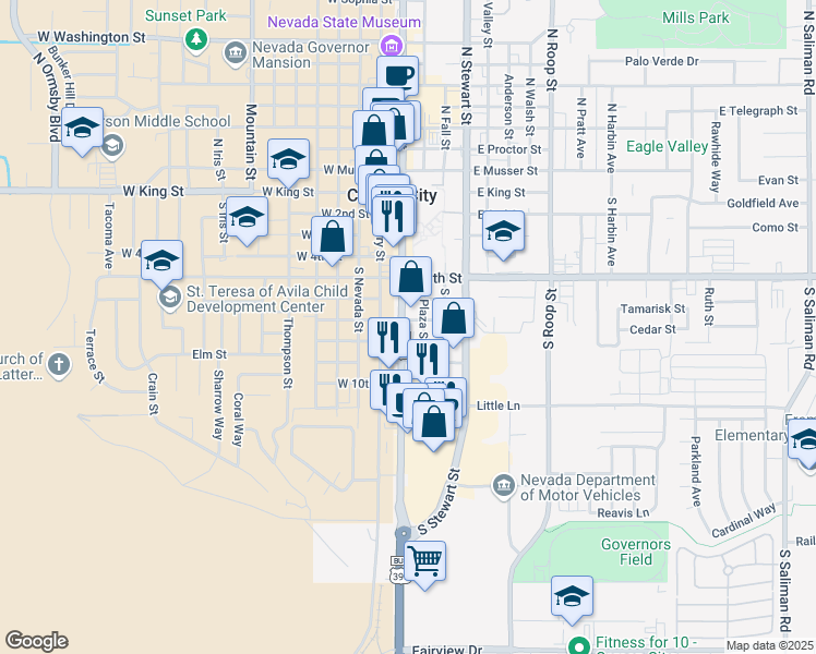 map of restaurants, bars, coffee shops, grocery stores, and more near 701 South Carson Street in Carson City