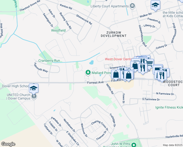 map of restaurants, bars, coffee shops, grocery stores, and more near 46 Par Haven Drive in Dover