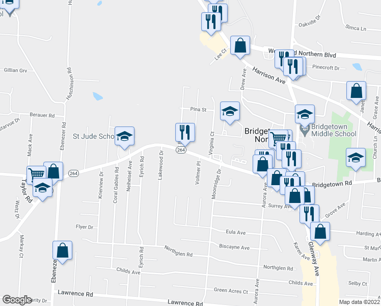 map of restaurants, bars, coffee shops, grocery stores, and more near 5771 Bridgetown Road in Cincinnati