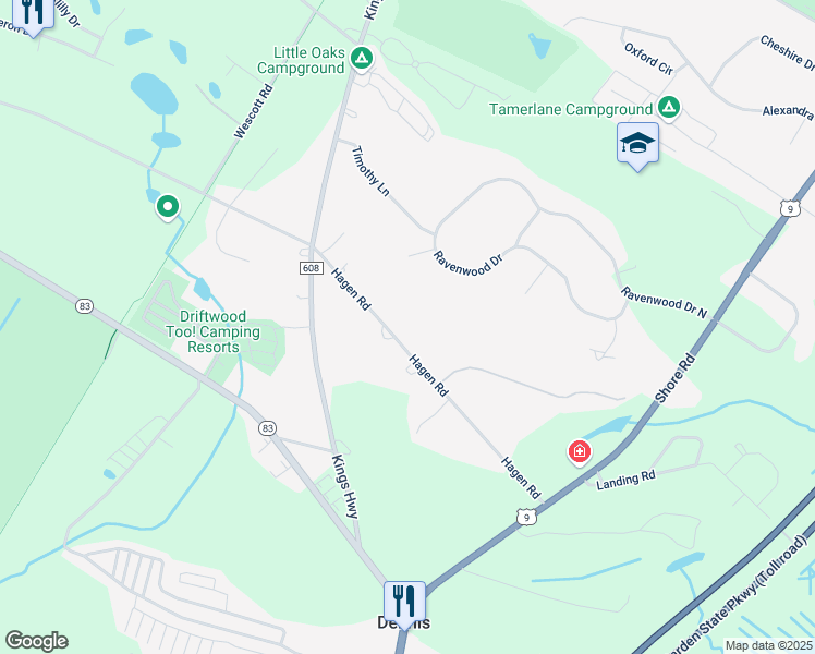 map of restaurants, bars, coffee shops, grocery stores, and more near 210 Hagan Road in Cape May County
