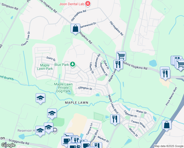 map of restaurants, bars, coffee shops, grocery stores, and more near 11380 Liberty Street in Fulton
