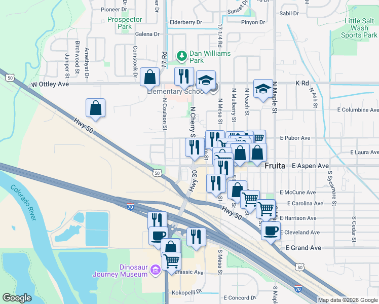 map of restaurants, bars, coffee shops, grocery stores, and more near 330 West Pabor Avenue in Fruita