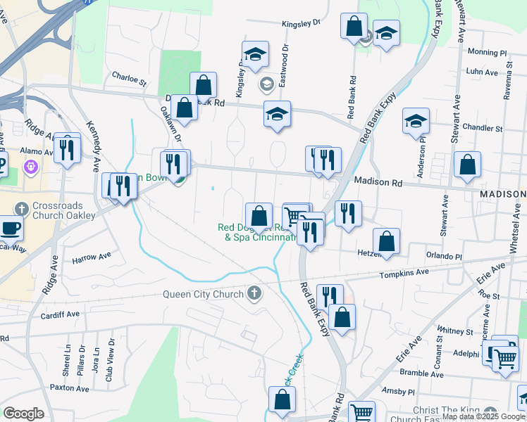 map of restaurants, bars, coffee shops, grocery stores, and more near 5055 Madison Road in Cincinnati