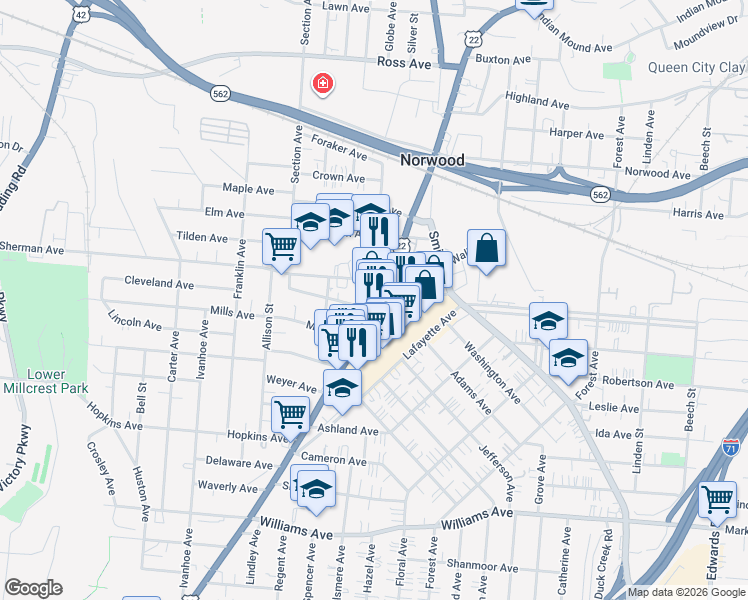 map of restaurants, bars, coffee shops, grocery stores, and more near 2087 Sherman Avenue in Norwood