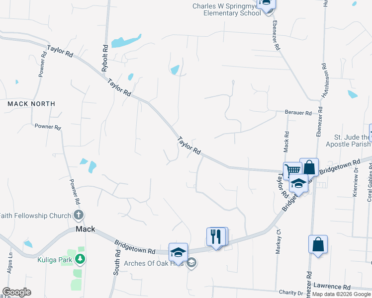 map of restaurants, bars, coffee shops, grocery stores, and more near 6436 Taylor Road in Cincinnati