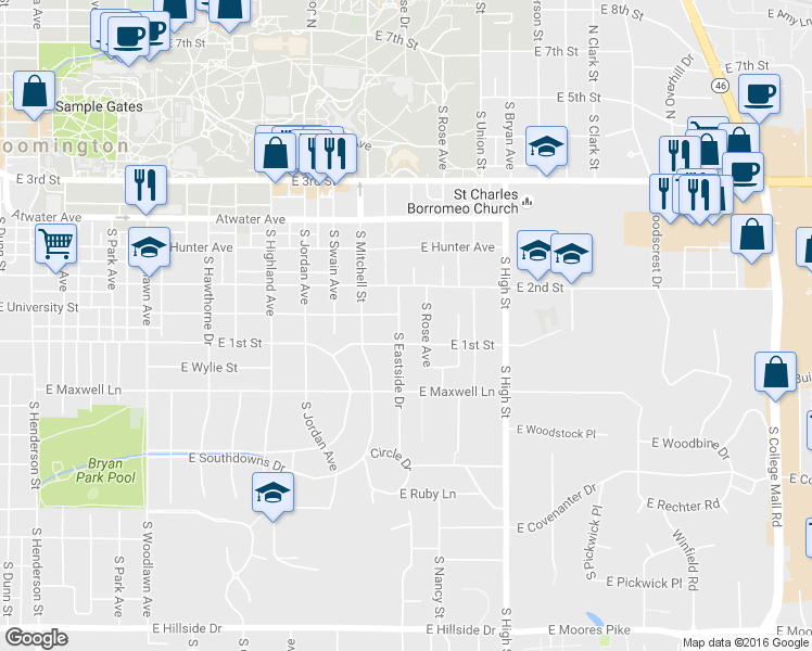 map of restaurants, bars, coffee shops, grocery stores, and more near 613 South Eastside Drive in Bloomington