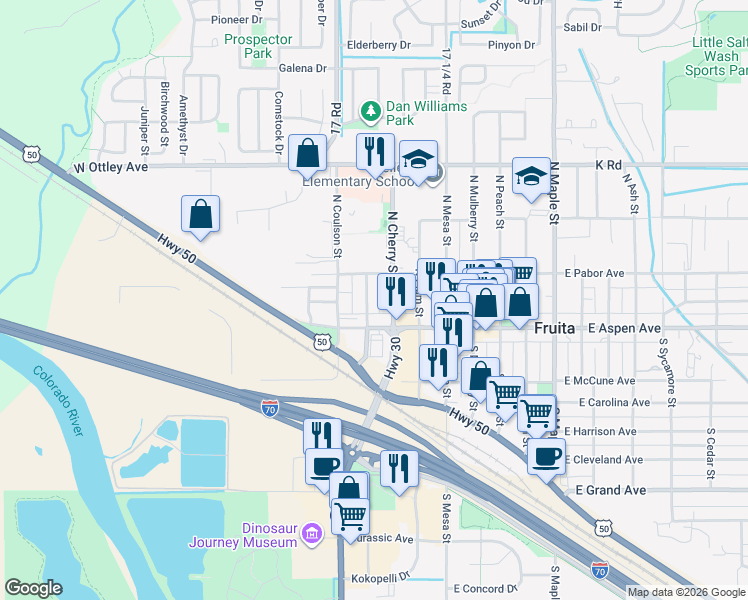 map of restaurants, bars, coffee shops, grocery stores, and more near 138 North Willow Street in Fruita