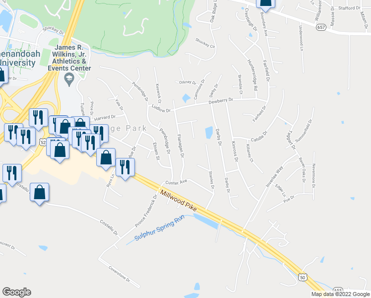 map of restaurants, bars, coffee shops, grocery stores, and more near 206 Flanagan Drive in Winchester