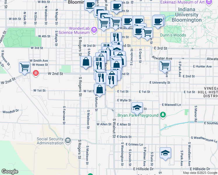 map of restaurants, bars, coffee shops, grocery stores, and more near in Bloomington