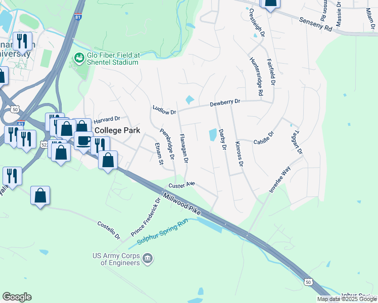map of restaurants, bars, coffee shops, grocery stores, and more near 206 Flanagan Drive in Winchester
