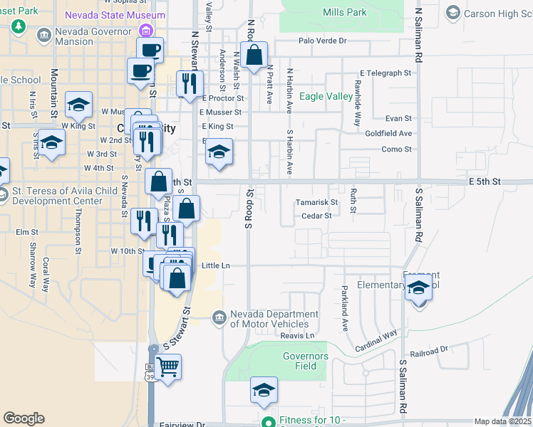 map of restaurants, bars, coffee shops, grocery stores, and more near 719 Linda Kay Court in Carson City