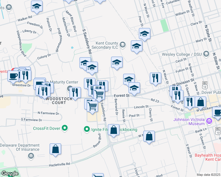map of restaurants, bars, coffee shops, grocery stores, and more near Carver Road in Dover
