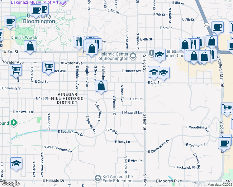 map of restaurants, bars, coffee shops, grocery stores, and more near 613 South Eastside Drive in Bloomington