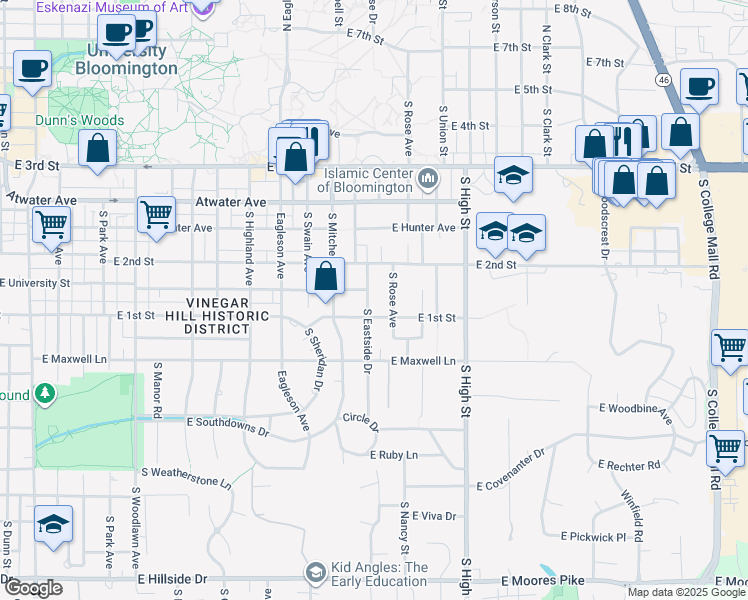 map of restaurants, bars, coffee shops, grocery stores, and more near 613 South Eastside Drive in Bloomington